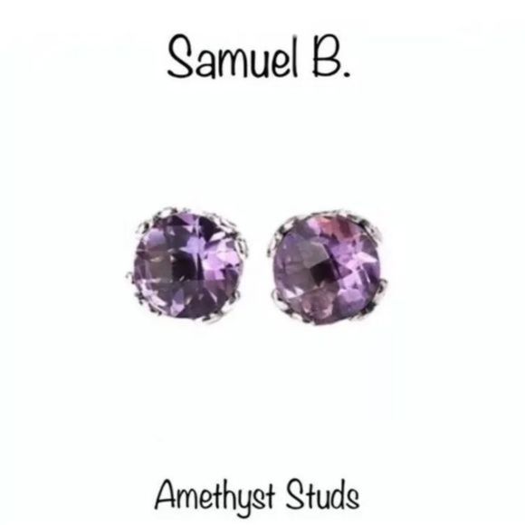 SAMUEL B Faceted Round Cut Amethyst Sterling Silver 925 Stud Earrings - Picture 5 of 13